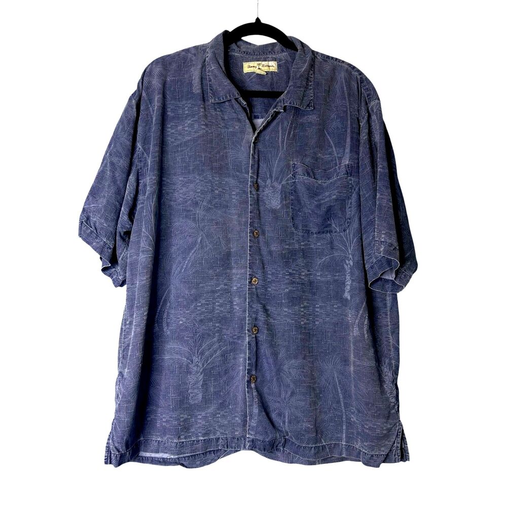 Tommy Bahama Mens Blue Silk Shirt XL Beach Palm Tree Cruise Vacay Resort Coastal